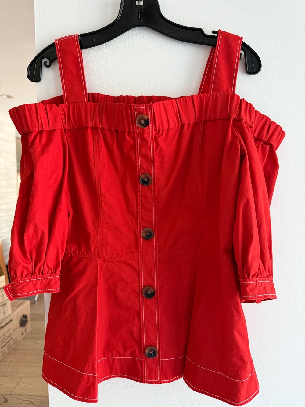 Derek Lam 10 Corsby Red Off the Shoulder Button-Front Women's Top